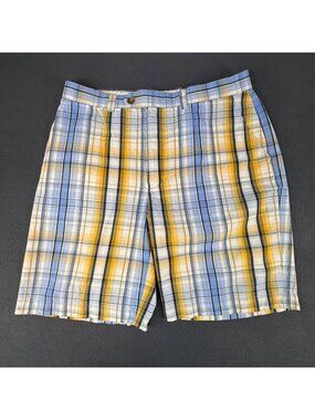 Cutter Buck Mens Sz 36 Yellow/Blue Plaid Flat Front 100% Cotton Golf Shorts EUC